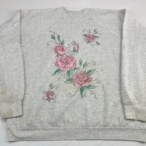 VTG 90s FOL Floral Graphic Sweatshirt size XL Roses USA Cottage Gray